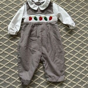 Plaid Baby Romper with Christmas light Embroidery